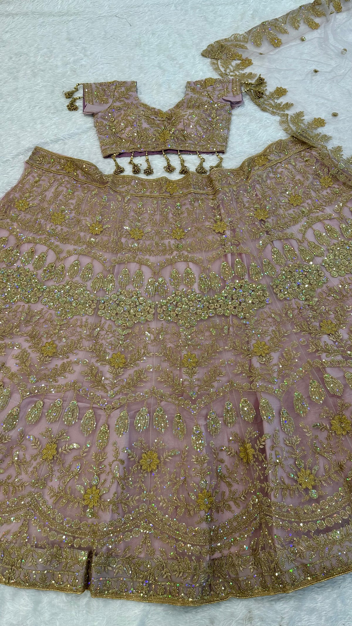 Women’s Premium Sequin Embroidered Lehenga Choli with Dupatta – Blush Pink & Gold Bridal Wear