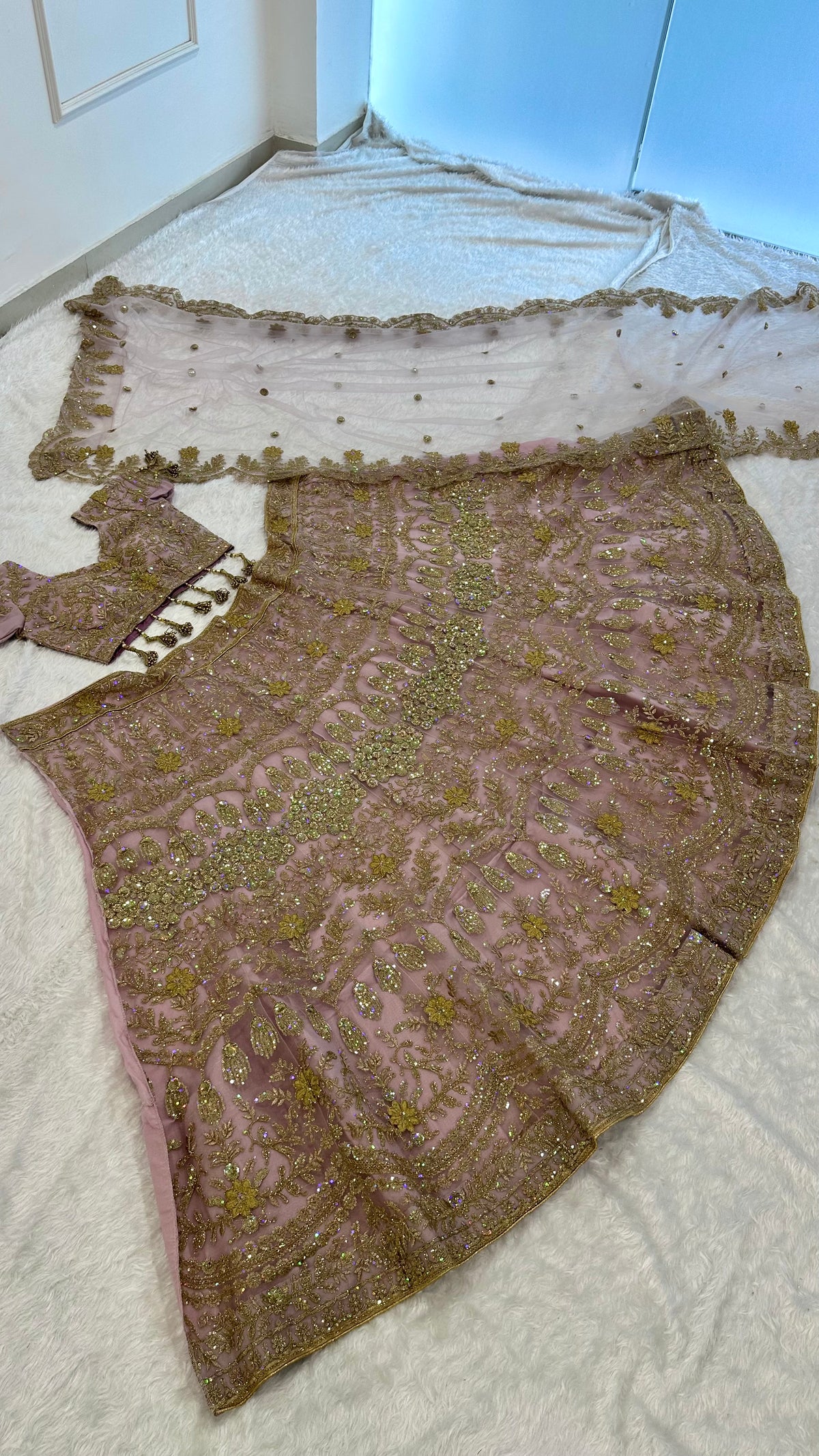 Women’s Premium Sequin Embroidered Lehenga Choli with Dupatta – Blush Pink & Gold Bridal Wear