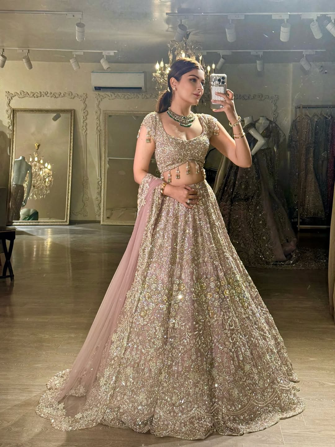 Women’s Premium Sequin Embroidered Lehenga Choli with Dupatta – Blush Pink & Gold Bridal Wear