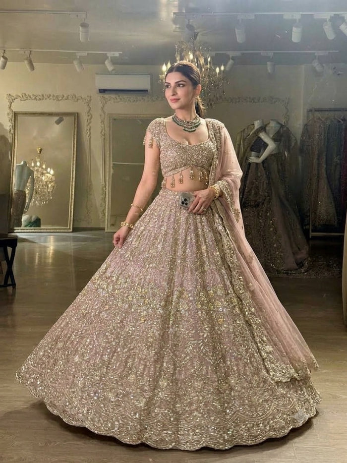 Women’s Premium Sequin Embroidered Lehenga Choli with Dupatta – Blush Pink & Gold Bridal Wear