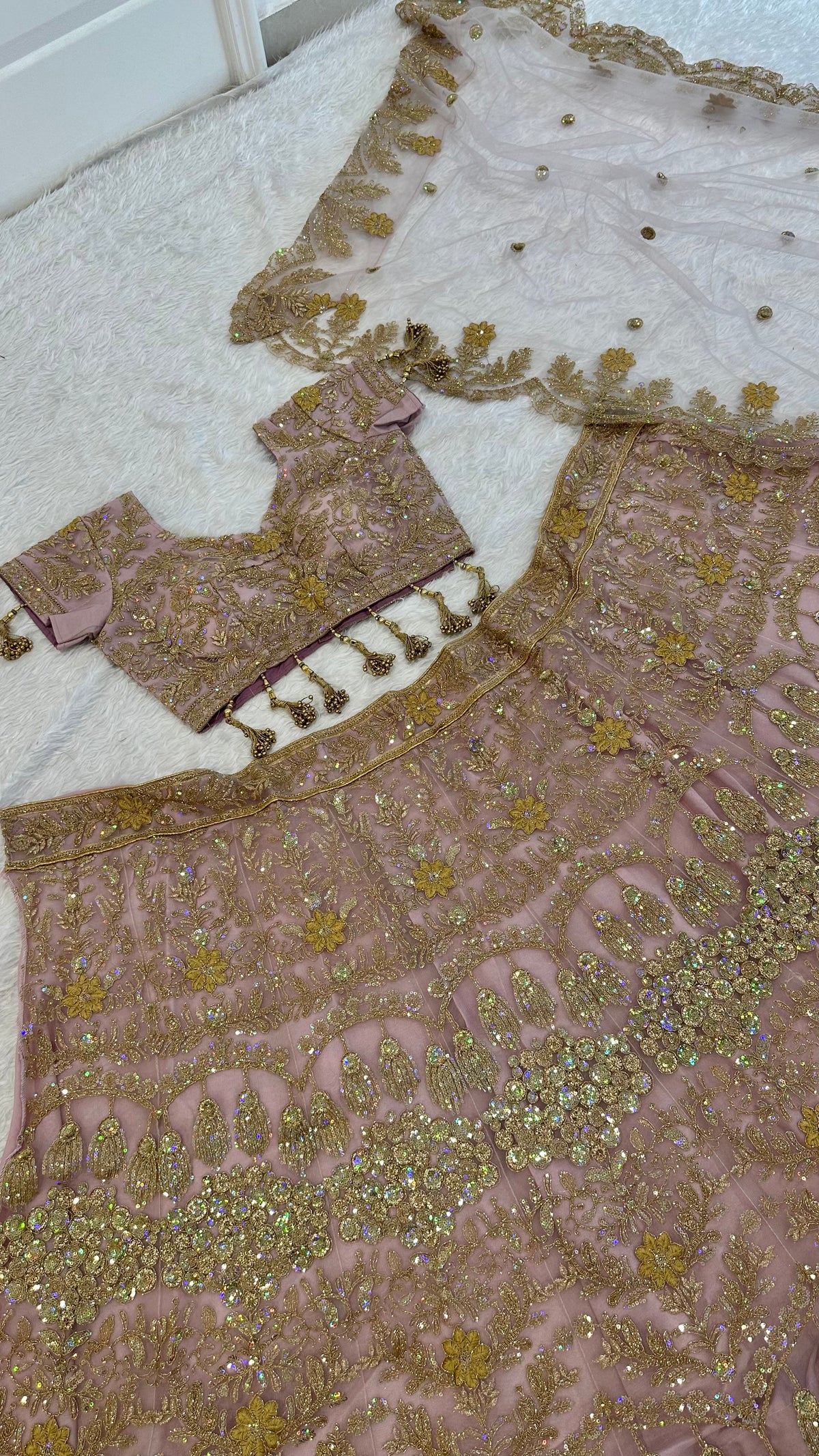 Women’s Premium Sequin Embroidered Lehenga Choli with Dupatta – Blush Pink & Gold Bridal Wear