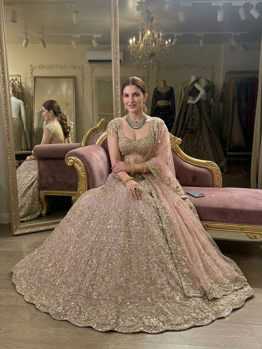 Women’s Premium Sequin Embroidered Lehenga Choli with Dupatta – Blush Pink & Gold Bridal Wear