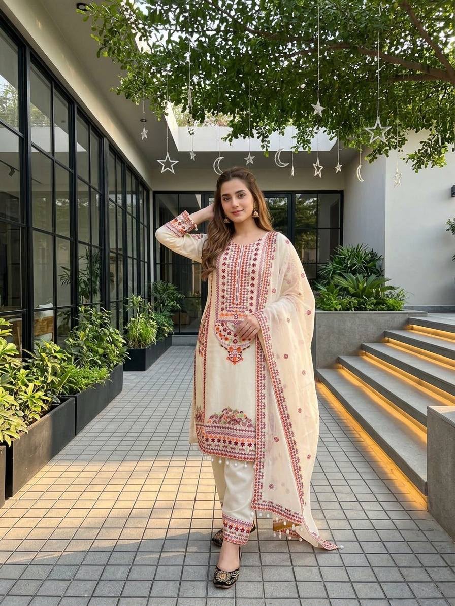 Designer Embroidered Pakistani 3 Piece Suit Set with Dupatta