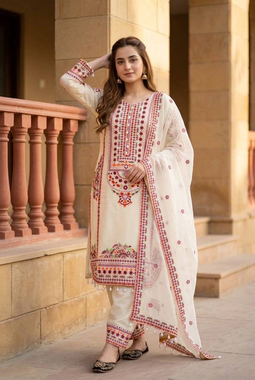 Designer Embroidered Pakistani 3 Piece Suit Set with Dupatta