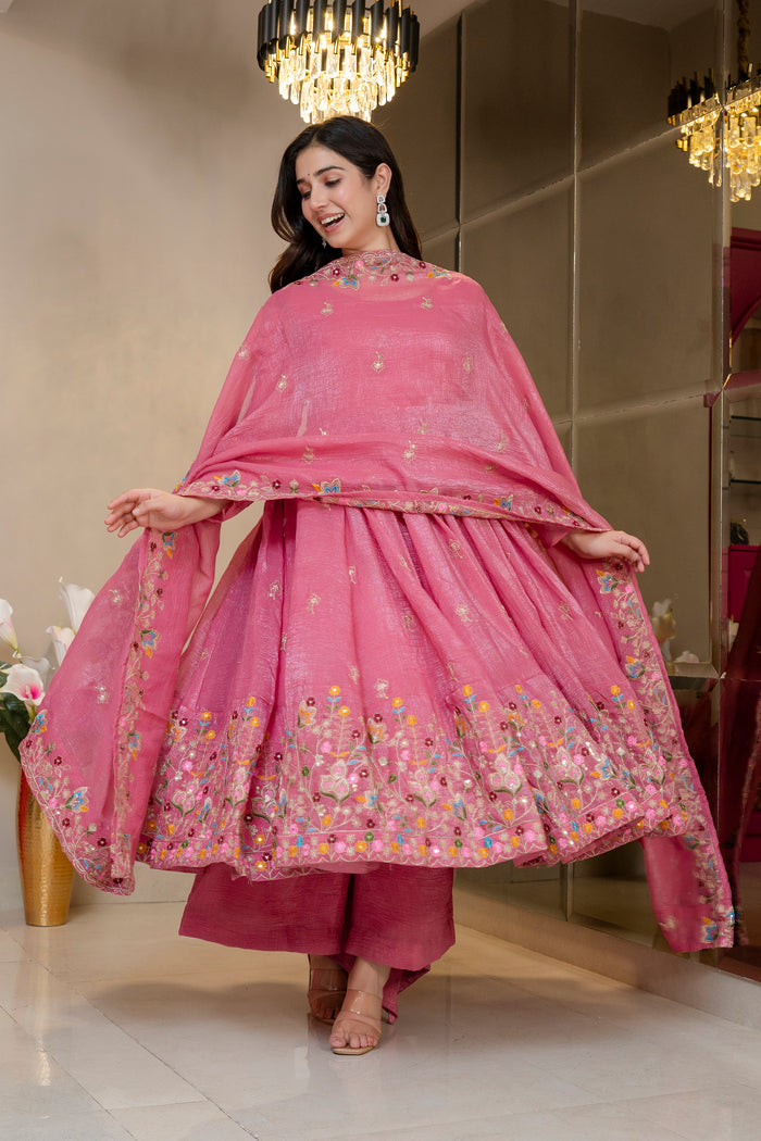 Pink Embroidered Anarkali Suit Set with Floral Dupatta | 3 Piece Ethnic Wear