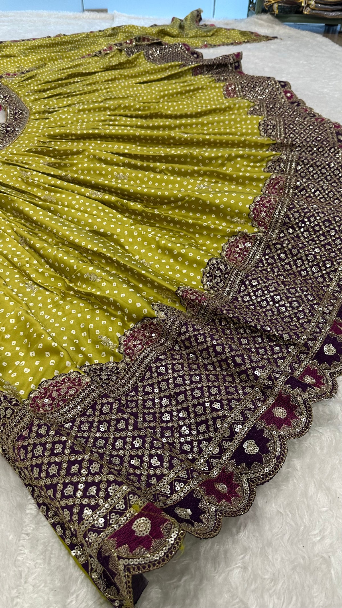Women’s Lime Green Bandhani Print Lehenga Style Saree with Embroidered Border & Designer Blouse