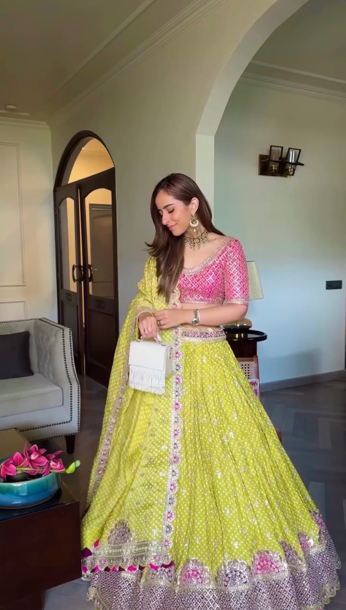 Women’s Lime Green Bandhani Print Lehenga Style Saree with Embroidered Border & Designer Blouse