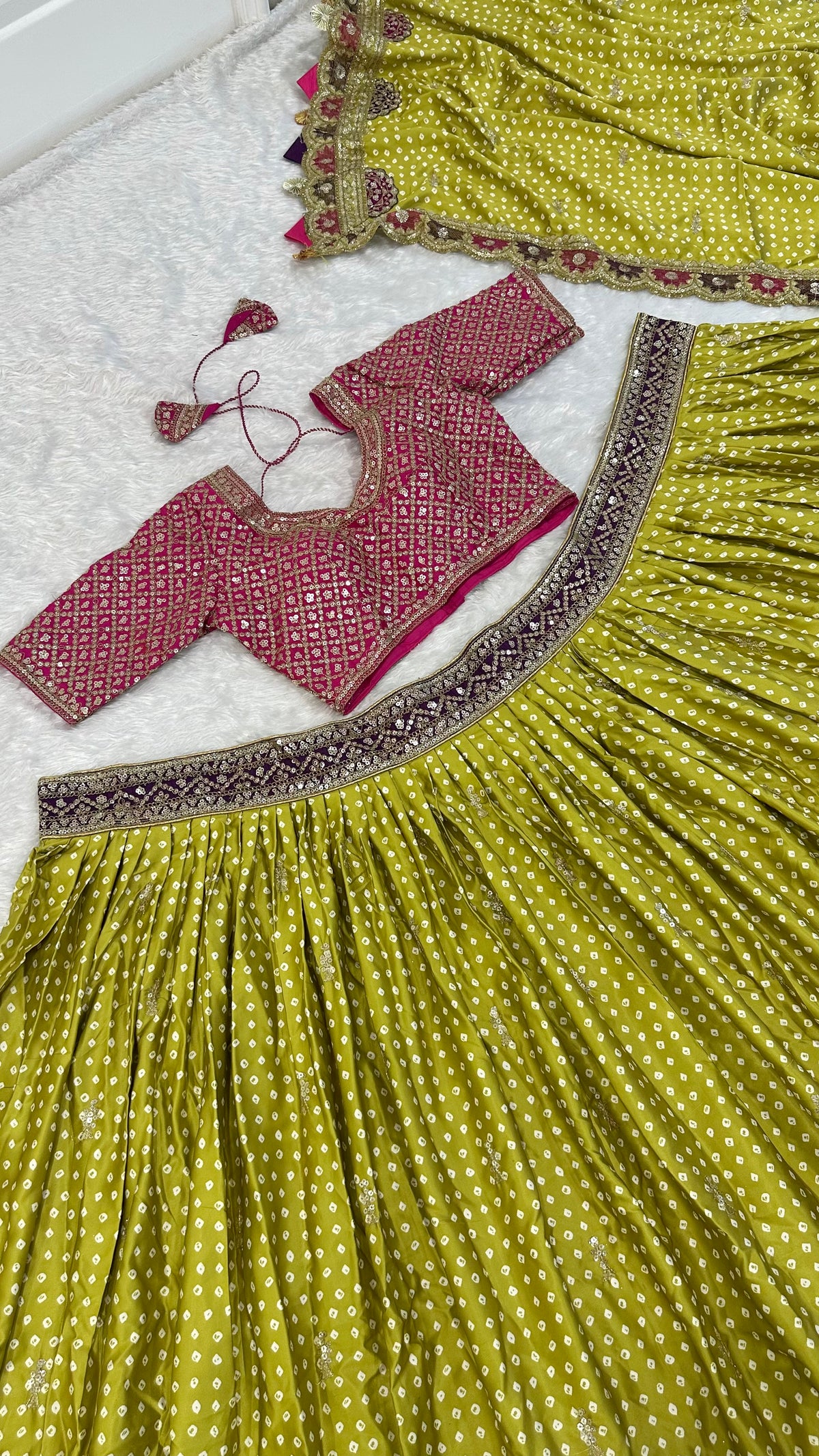 Women’s Lime Green Bandhani Print Lehenga Style Saree with Embroidered Border & Designer Blouse