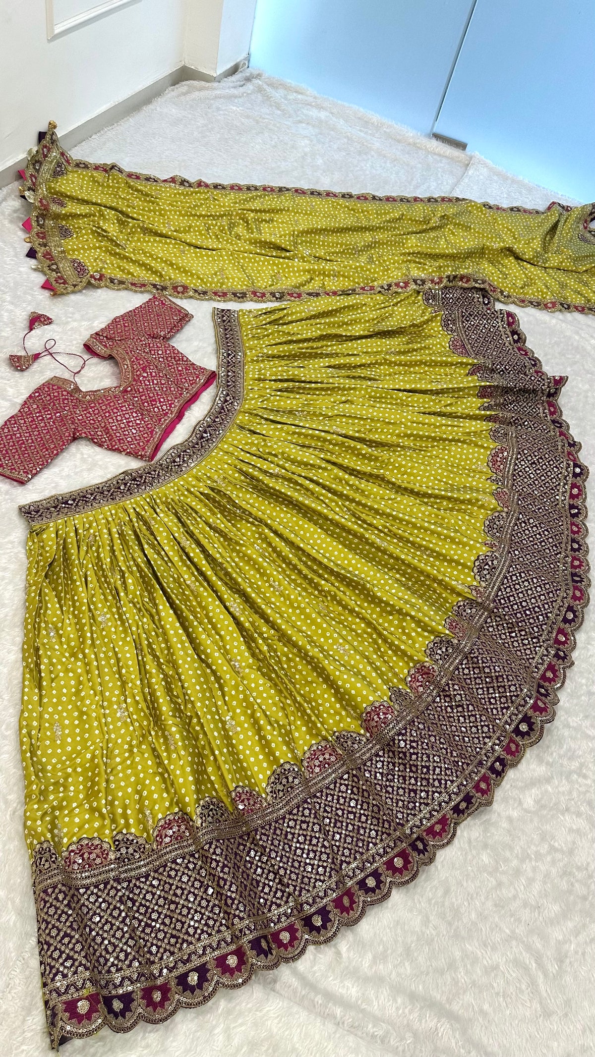 Women’s Lime Green Bandhani Print Lehenga Style Saree with Embroidered Border & Designer Blouse