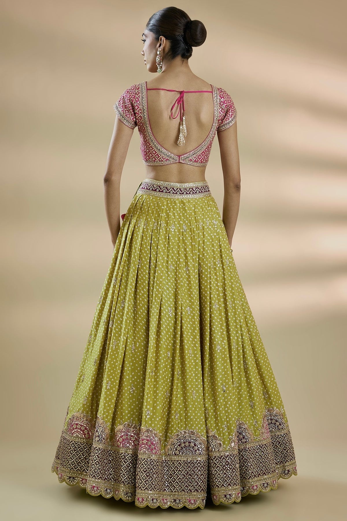 Women’s Lime Green Bandhani Print Lehenga Style Saree with Embroidered Border & Designer Blouse
