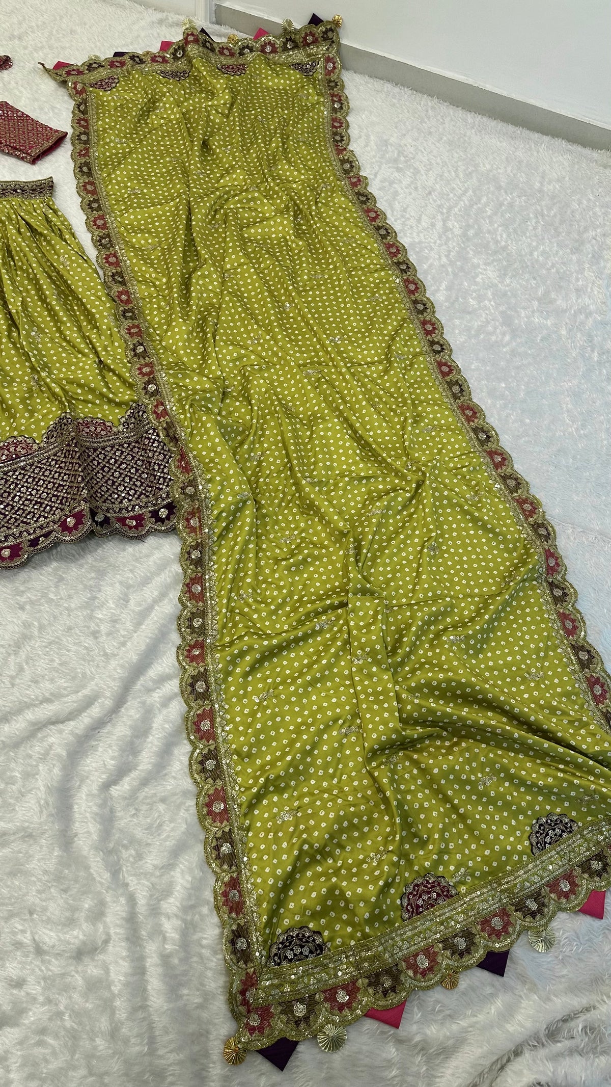 Women’s Lime Green Bandhani Print Lehenga Style Saree with Embroidered Border & Designer Blouse