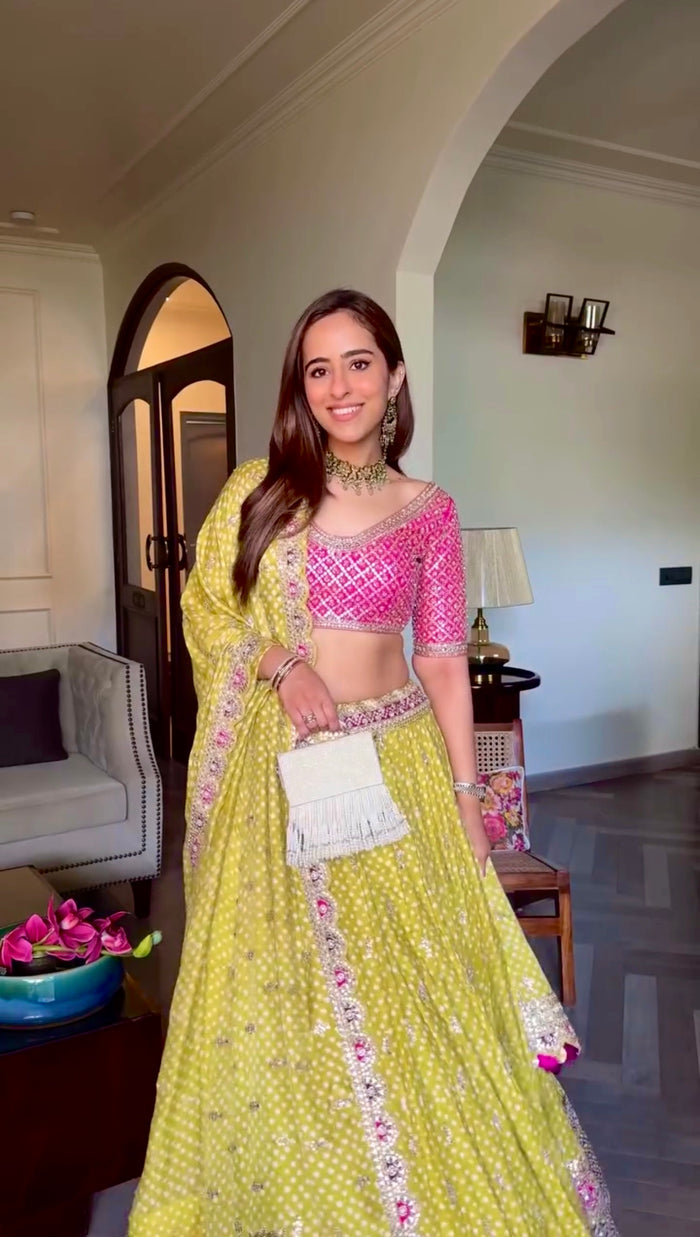 Women’s Lime Green Bandhani Print Lehenga Style Saree with Embroidered Border & Designer Blouse