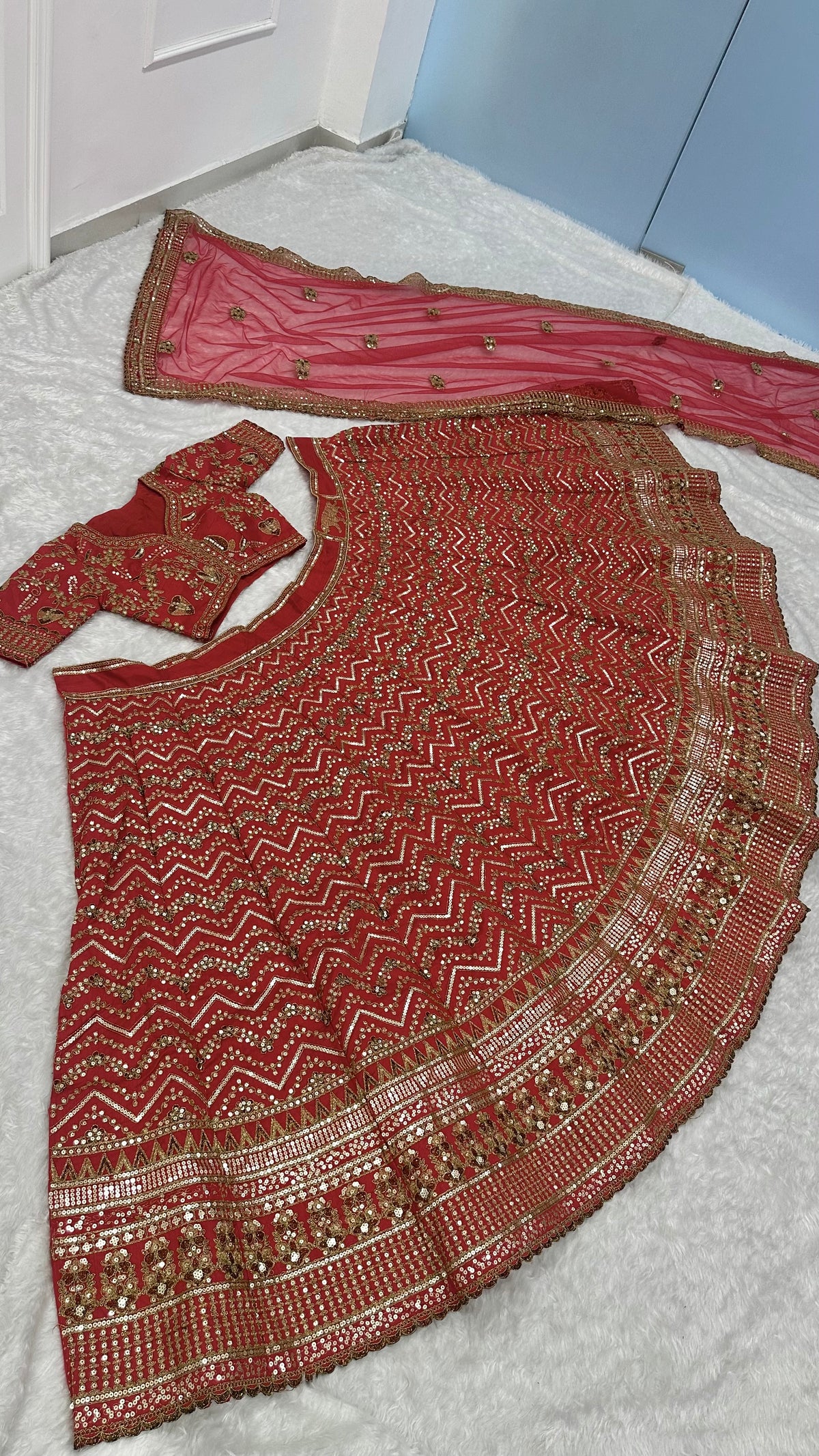 Bridal Red Embroidered Lehenga Choli with Dupatta – Traditional Wedding Wear