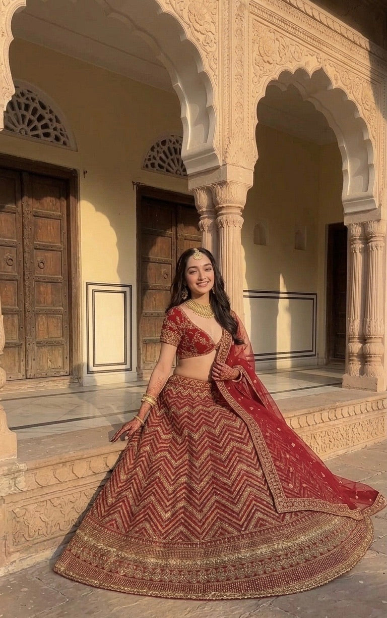 Bridal Red Embroidered Lehenga Choli with Dupatta – Traditional Wedding Wear