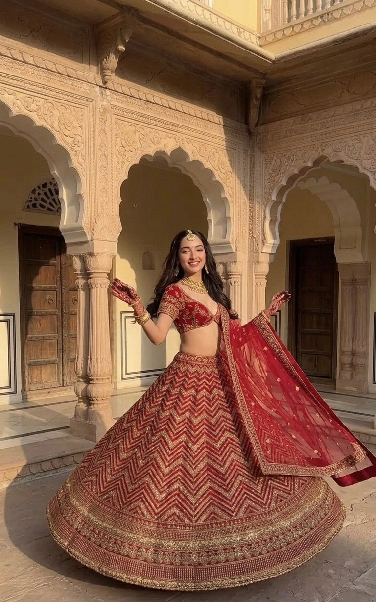 Bridal Red Embroidered Lehenga Choli with Dupatta – Traditional Wedding Wear