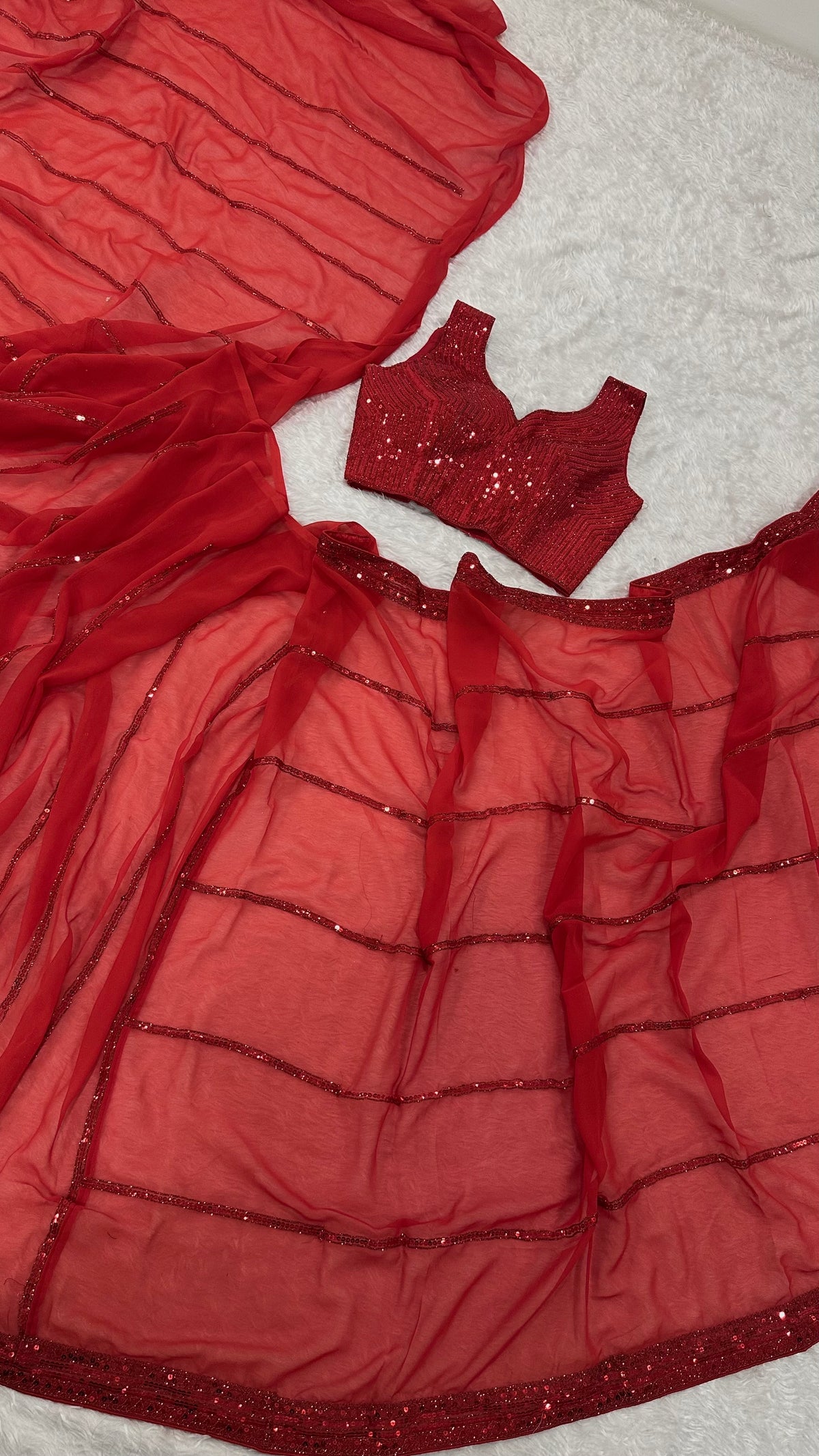 Women’s Red Embellished Saree with Matching Strappy Blouse – Party & Festive Wear