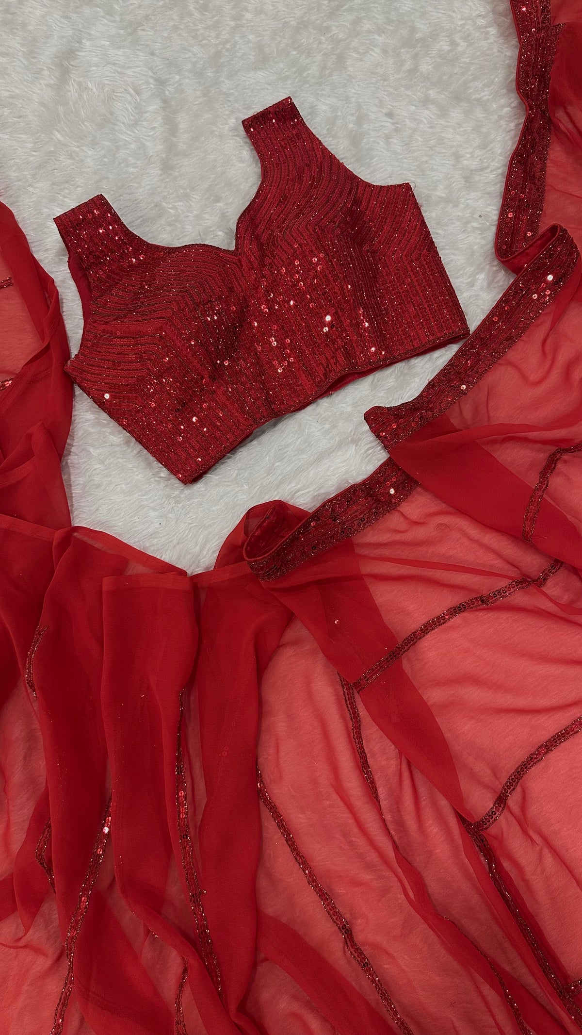 Women’s Red Embellished Saree with Matching Strappy Blouse – Party & Festive Wear
