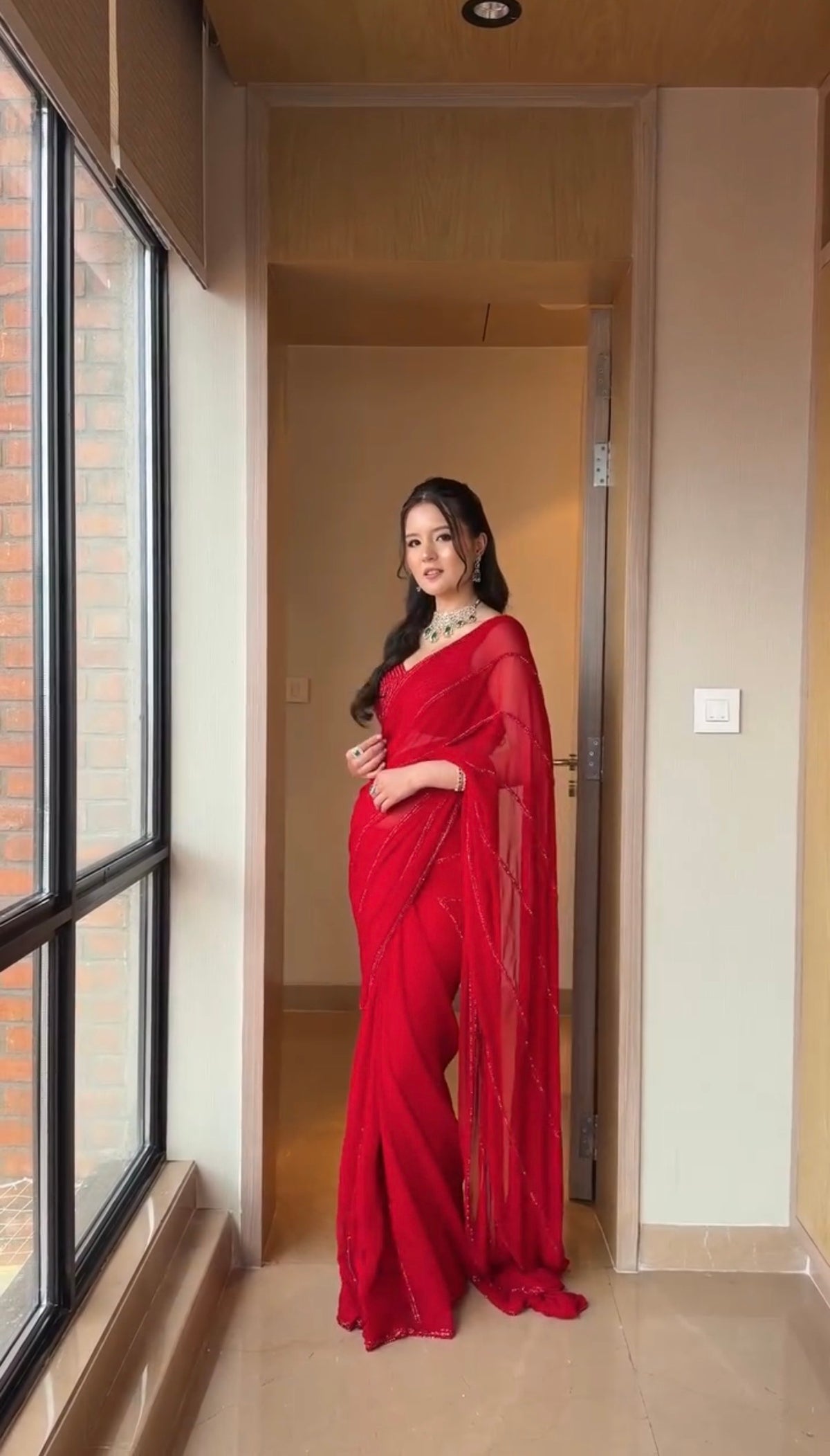 Women’s Red Embellished Saree with Matching Strappy Blouse – Party & Festive Wear