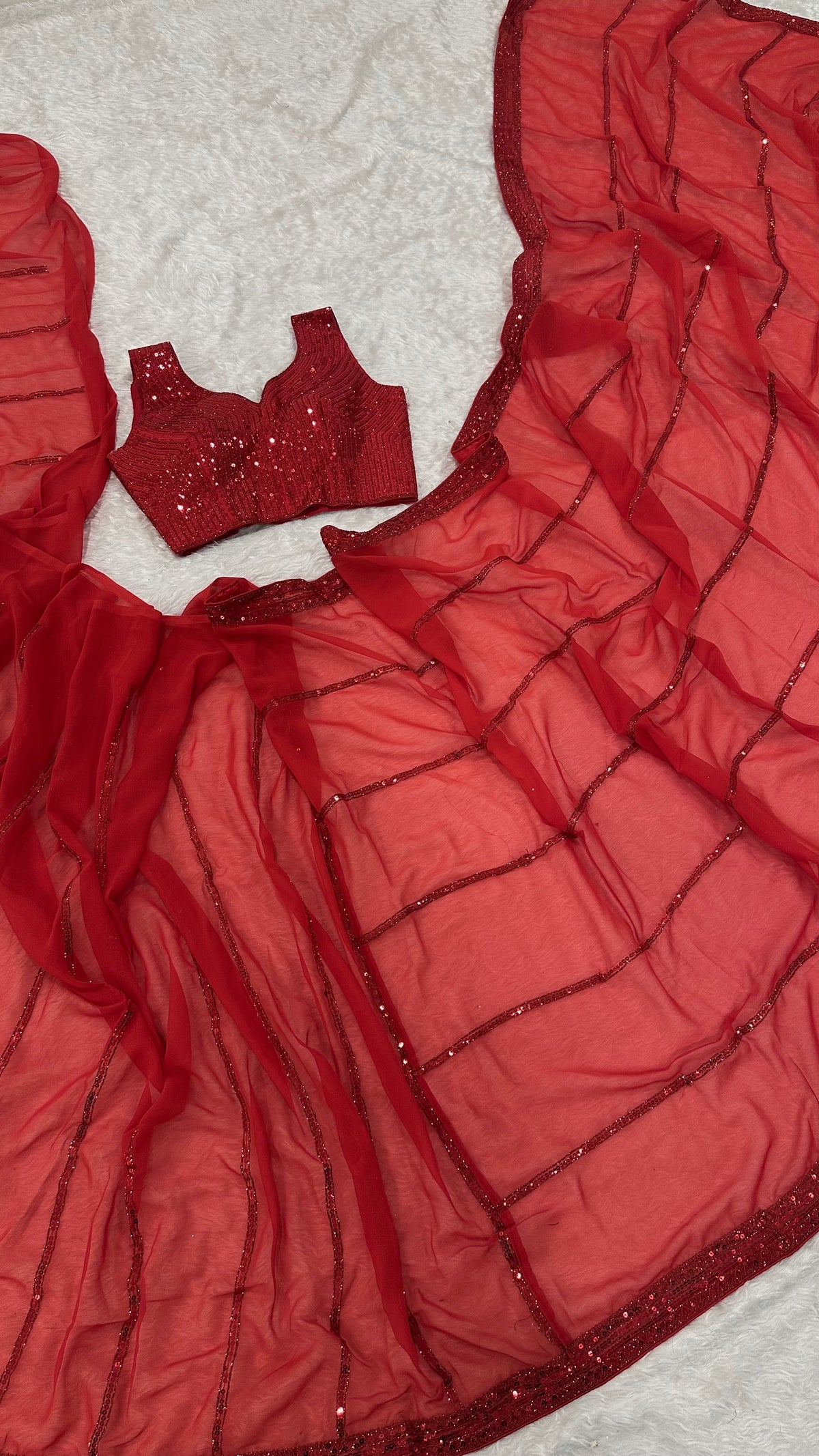 Women’s Red Embellished Saree with Matching Strappy Blouse – Party & Festive Wear