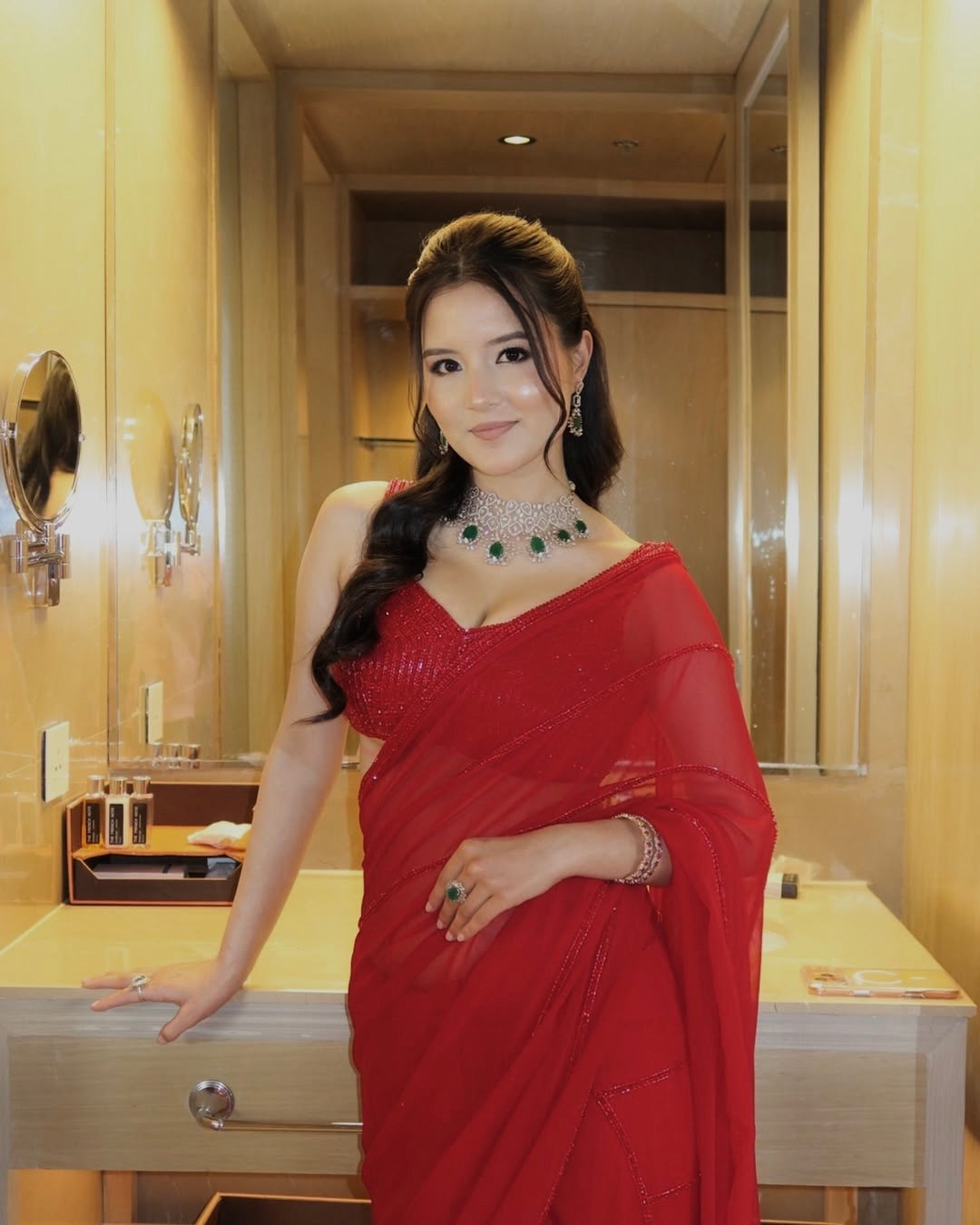 Women’s Red Embellished Saree with Matching Strappy Blouse – Party & Festive Wear