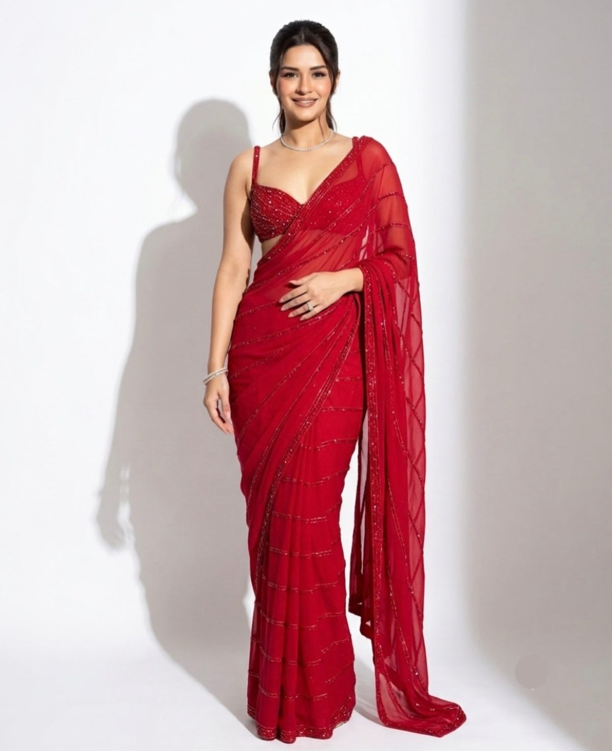Women’s Red Embellished Saree with Matching Strappy Blouse – Party & Festive Wear