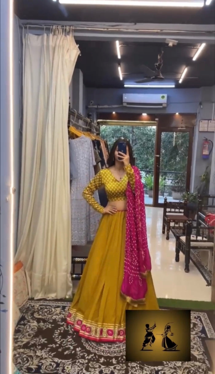 Women’s Mustard Yellow & Pink Designer Lehenga Choli with Embellished Dupatta