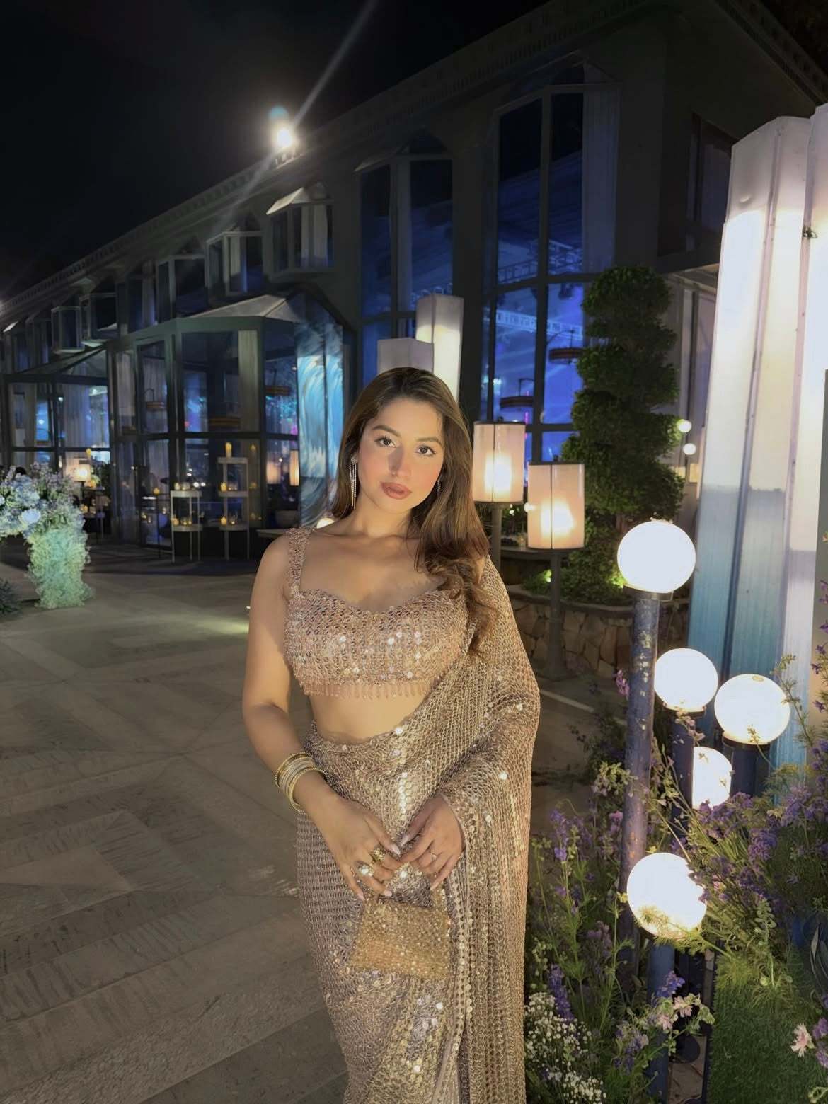 Sequins Embellished Georgette Saree with Designer Blouse – Champagne Gold