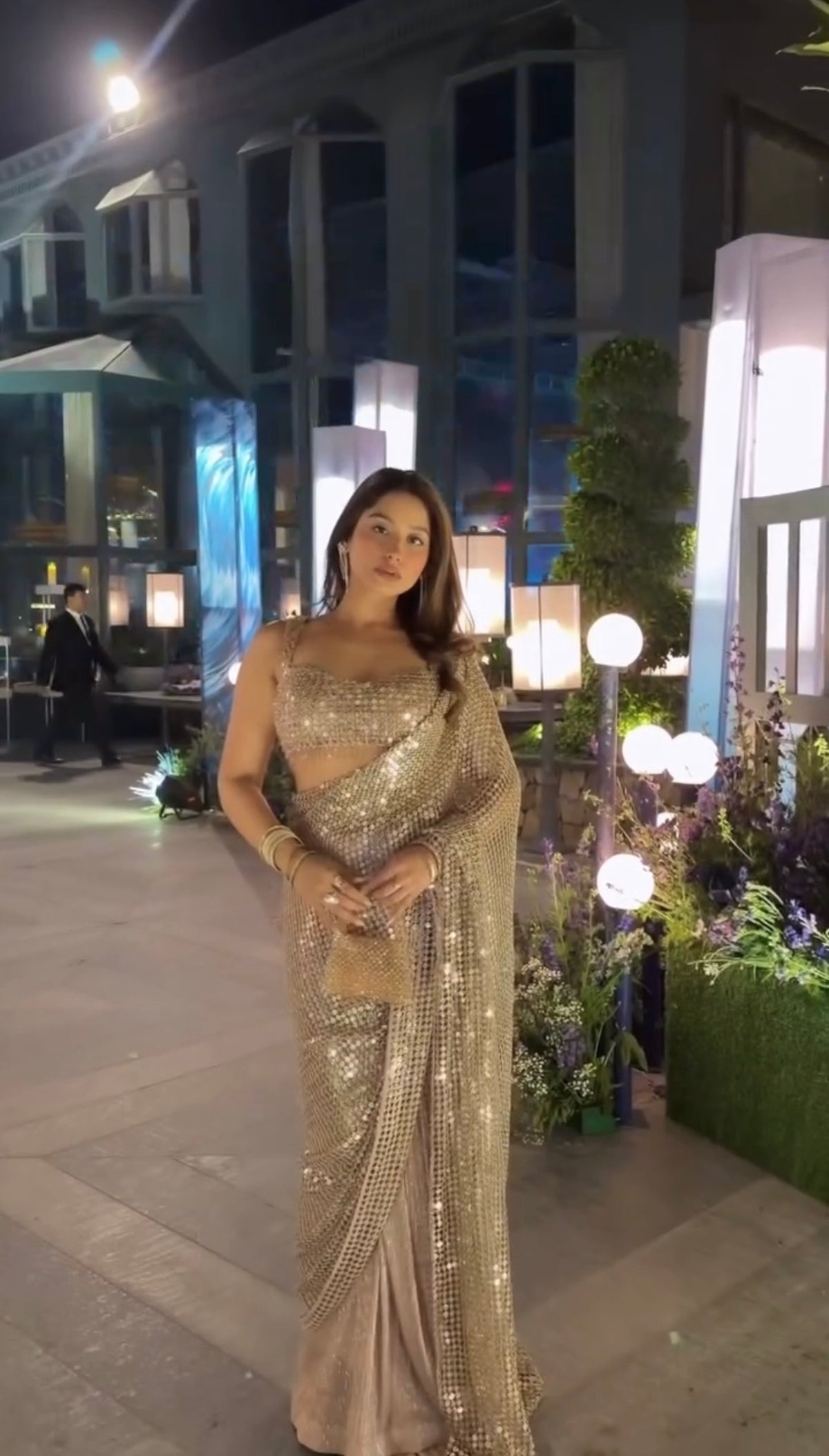 Sequins Embellished Georgette Saree with Designer Blouse – Champagne Gold