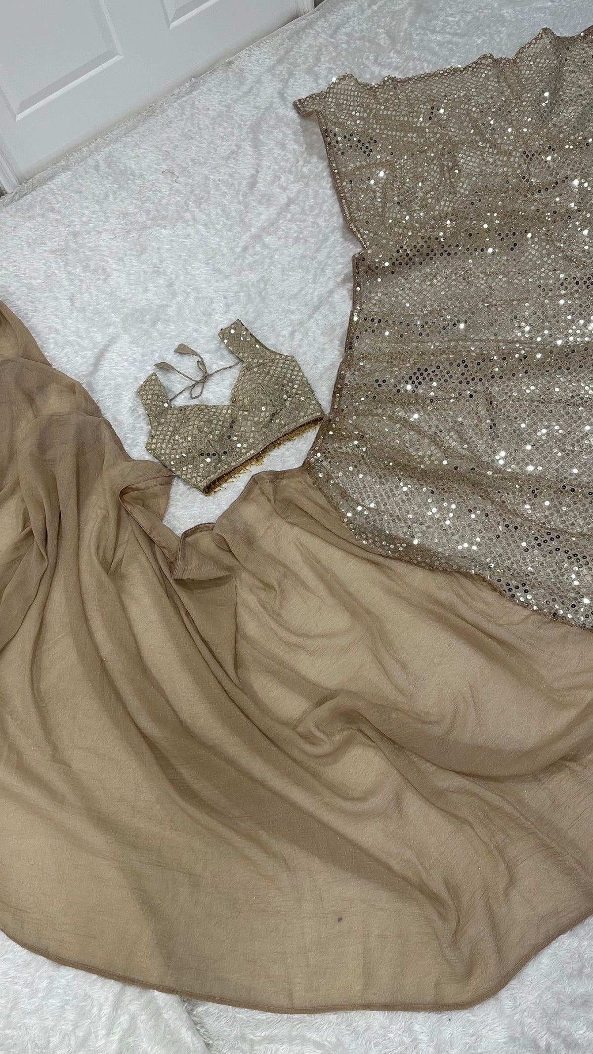 Sequins Embellished Georgette Saree with Designer Blouse – Champagne Gold
