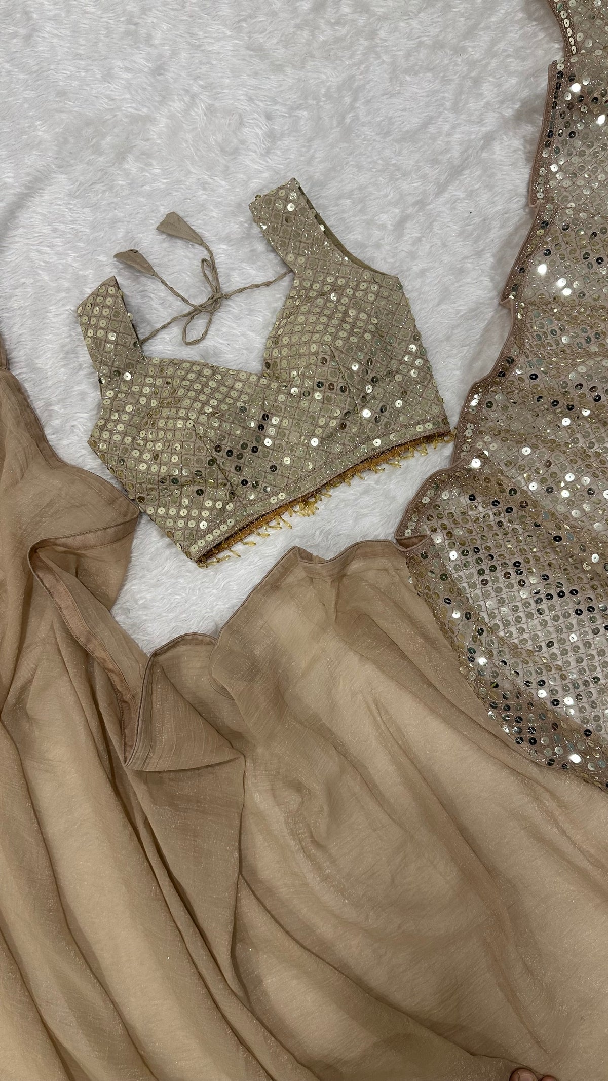 Sequins Embellished Georgette Saree with Designer Blouse – Champagne Gold