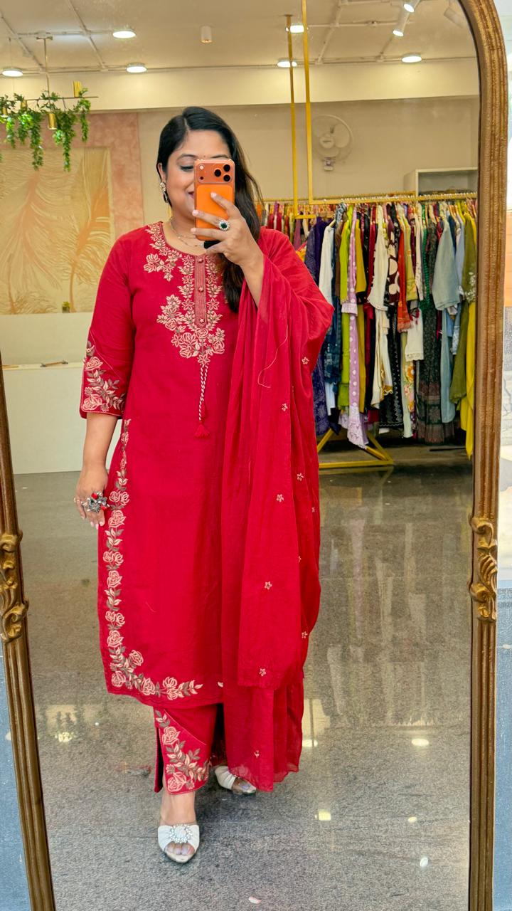 Premium Embroidered Straight Kurta Pant Set with Dupatta | 3-Piece Ethnic Suit