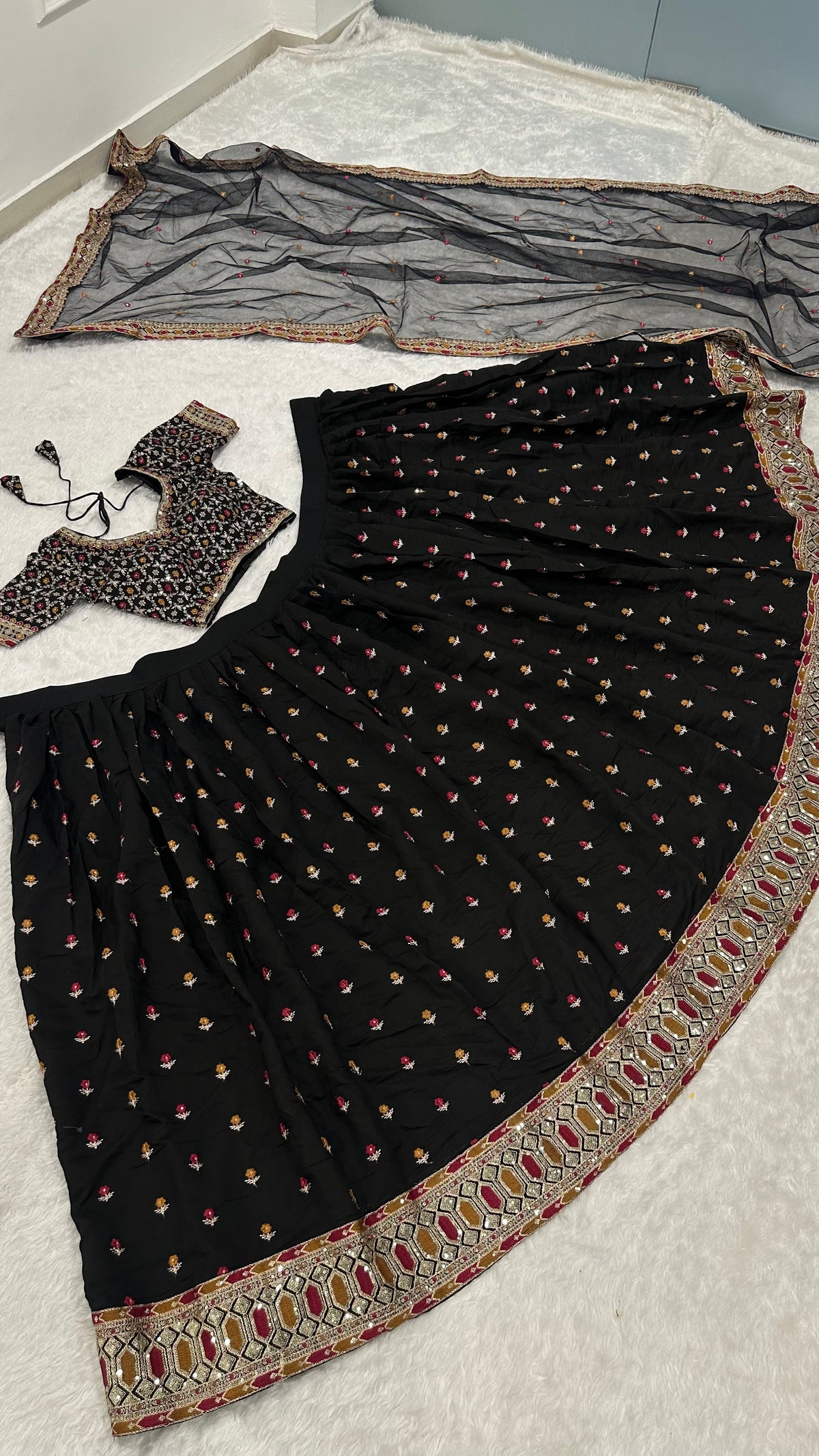 Black Embroidered Lehenga Choli with Designer Dupatta – Traditional Festive Wear