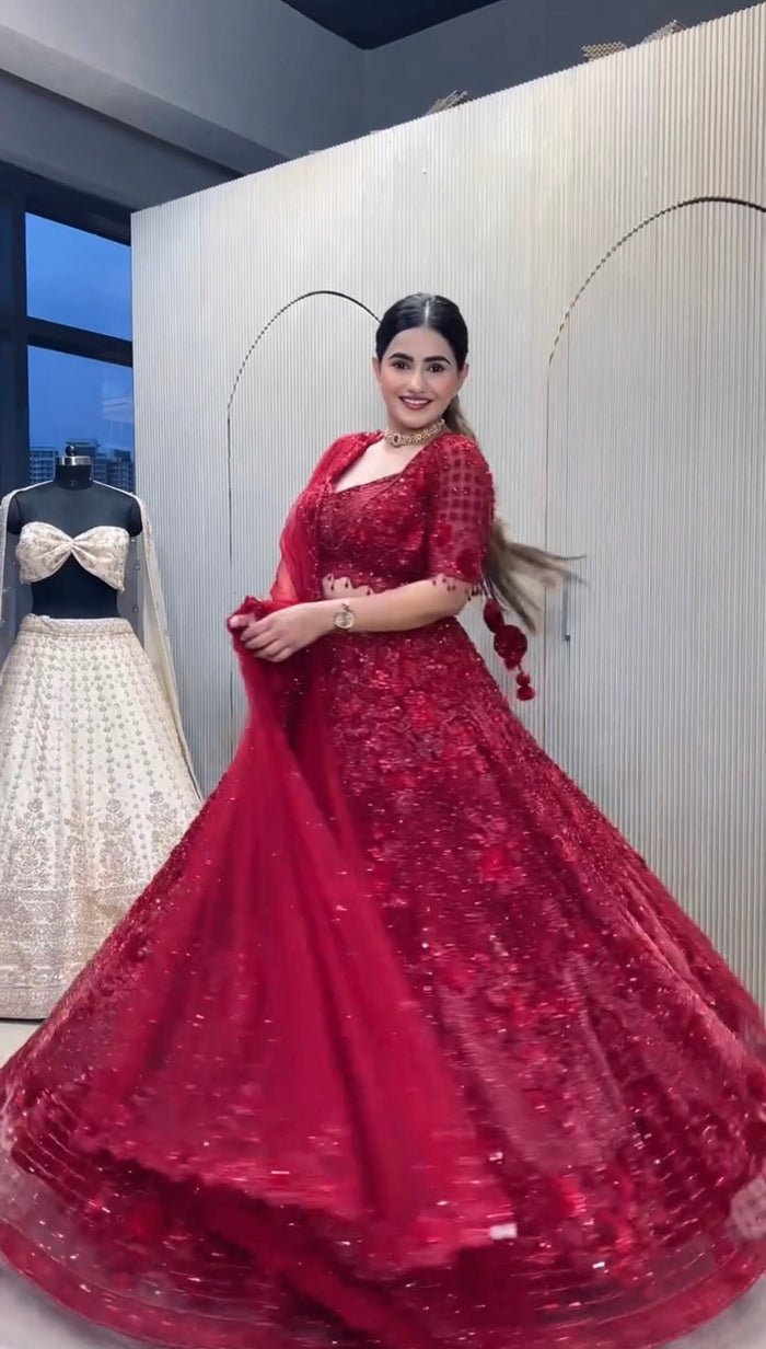 Women’s Maroon Embroidered Sequin Designer Lehenga Choli with Dupatta – Party & Wedding Wear
