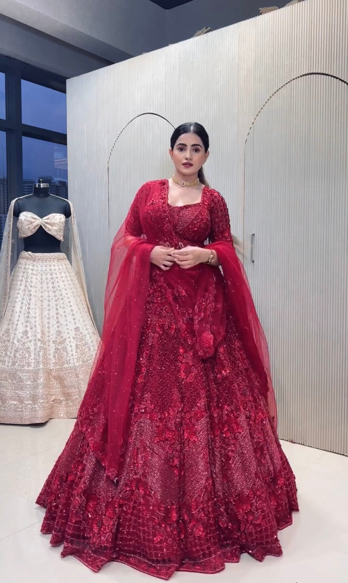 Women’s Maroon Embroidered Sequin Designer Lehenga Choli with Dupatta – Party & Wedding Wear