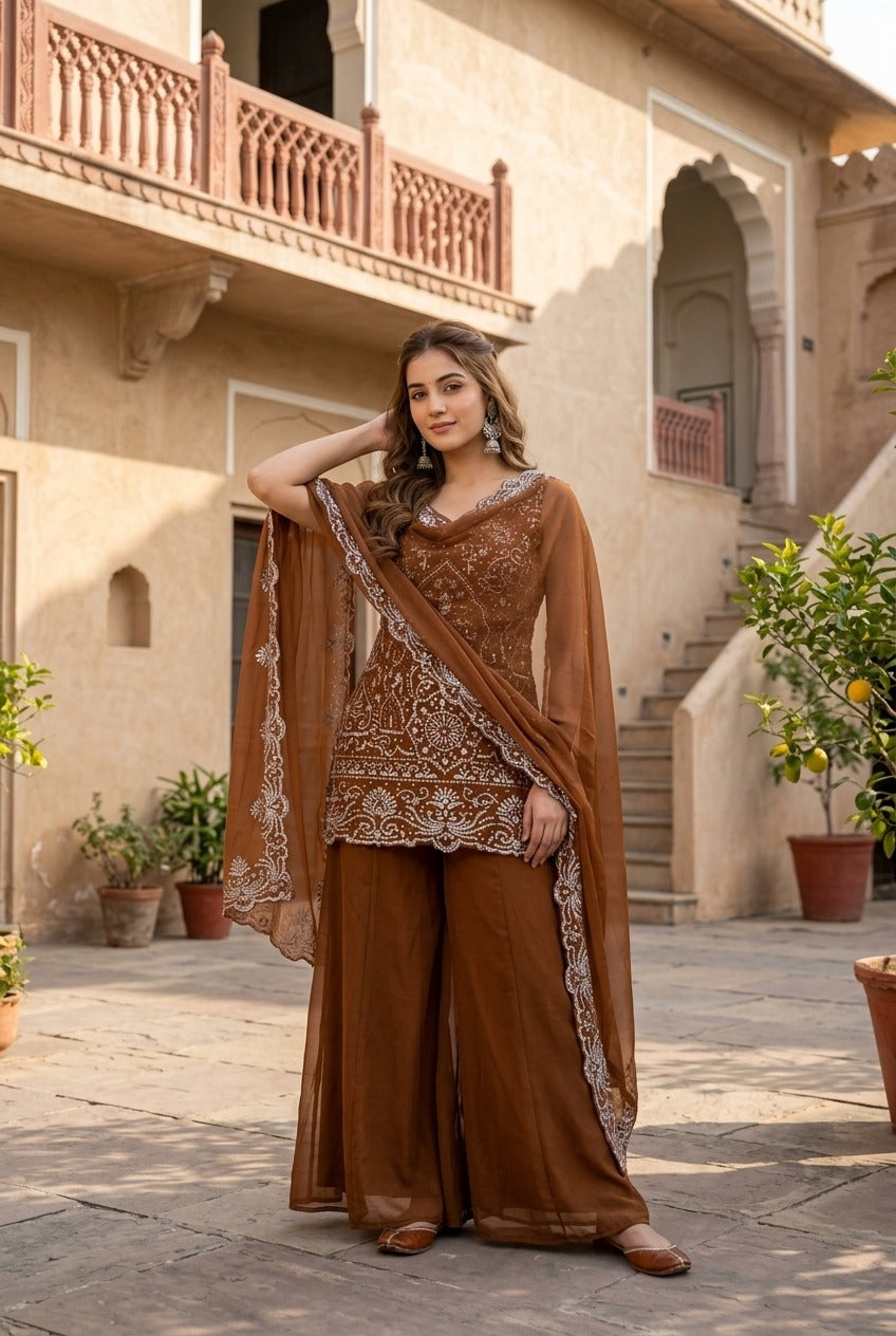 Designer Heavy Embroidered Kurta Palazzo & Dupatta Set for Women