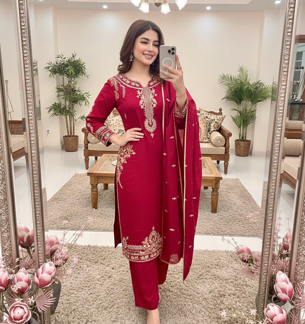 Women's Maroon Embroidered Lawn 3 Piece Suit with Dupatta – Premium Ethnic Pakistani Salwar Kameez