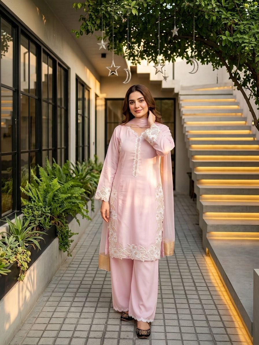 Elegant Embroidered 3-Piece Pakistani Suit with Floral Lace & Dupatta