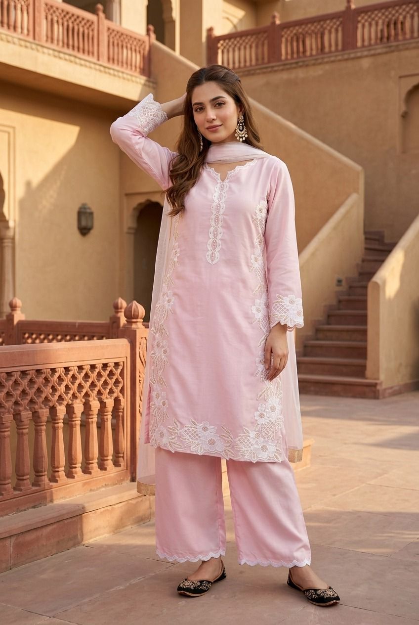 Elegant Embroidered 3-Piece Pakistani Suit with Floral Lace & Dupatta