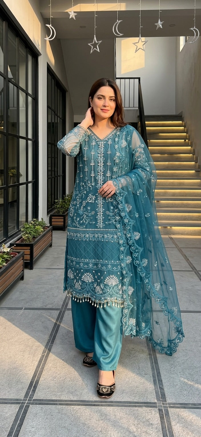 Luxury Embroidered Pakistani 3-Piece Suit with Sheer Dupatta