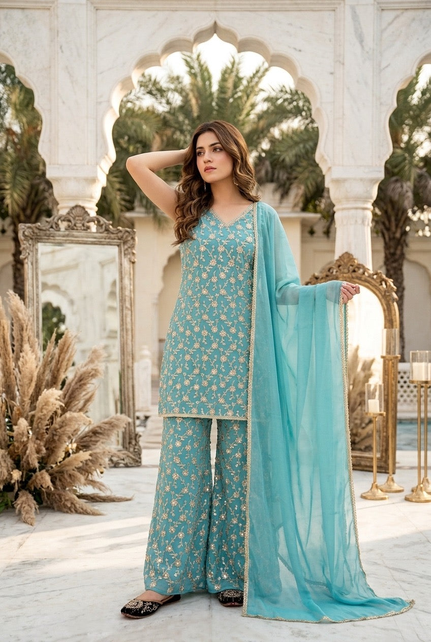 Designer Sky Blue Embroidered Anarkali Suit Set with Dupatta | Festive & Wedding Wear