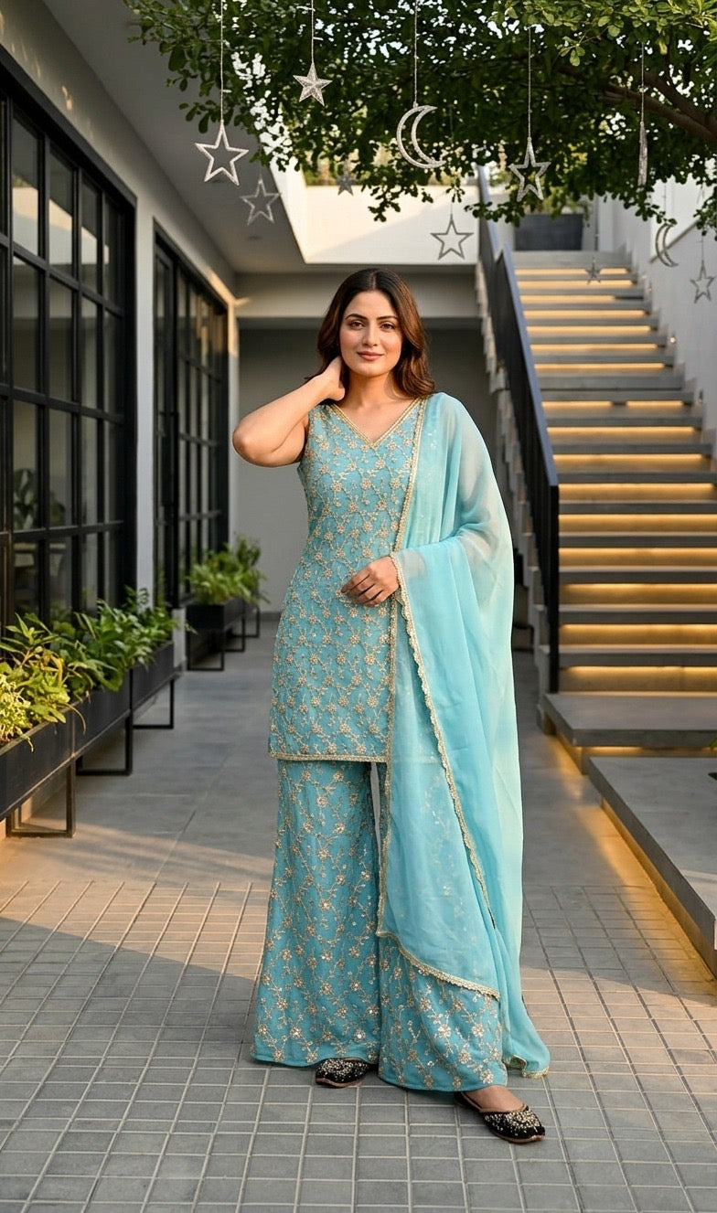 Designer Sky Blue Embroidered Anarkali Suit Set with Dupatta | Festive & Wedding Wear