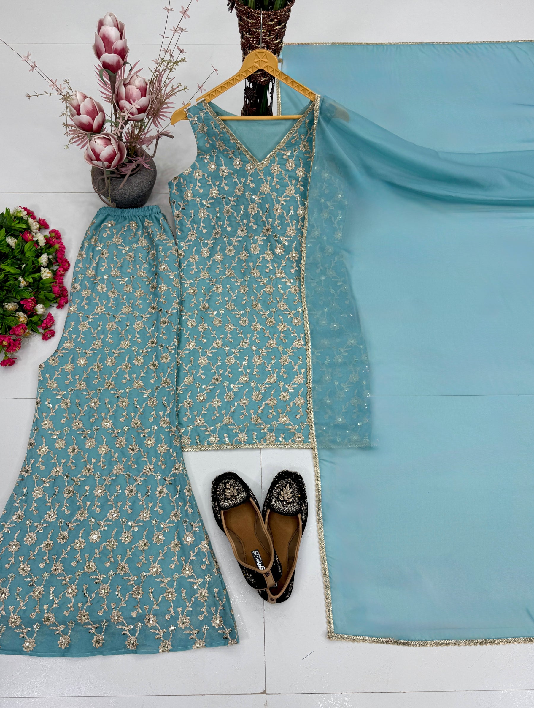 Designer Sky Blue Embroidered Anarkali Suit Set with Dupatta | Festive & Wedding Wear