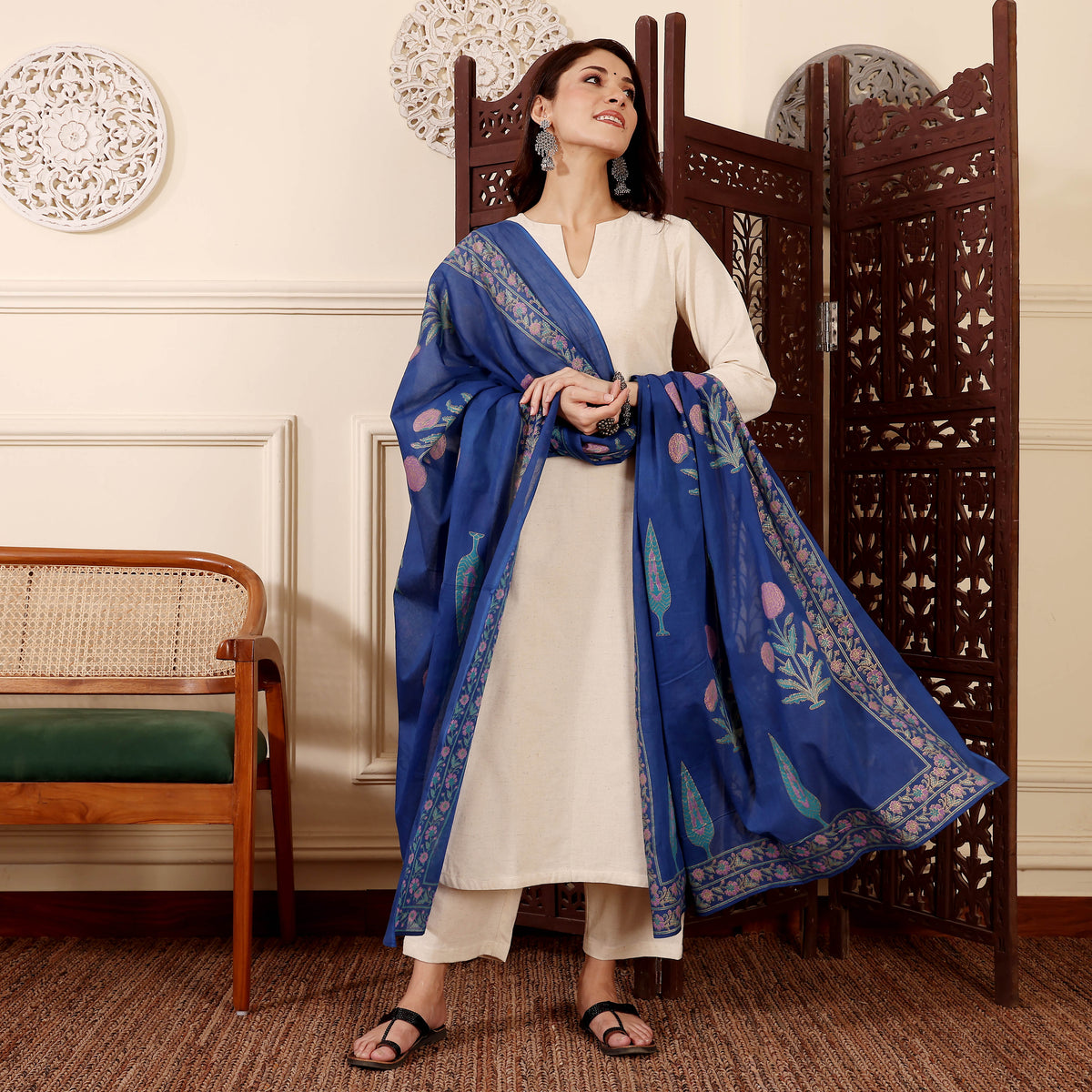Elegant Cream Straight Kurta with Blue Floral Embroidered Dupatta | Ethnic Wear Set