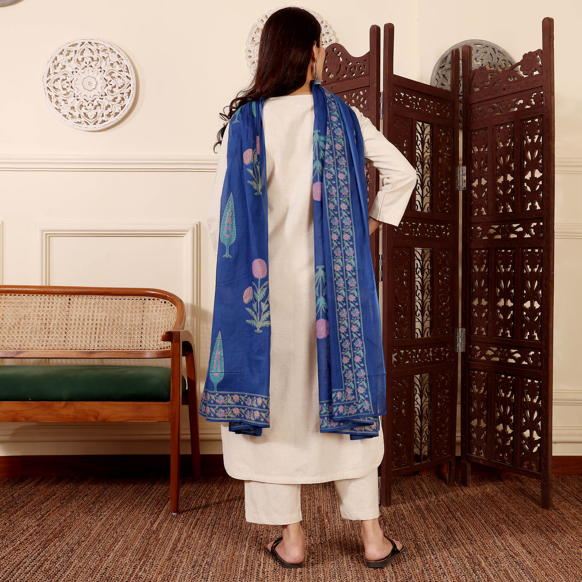 Elegant Cream Straight Kurta with Blue Floral Embroidered Dupatta | Ethnic Wear Set