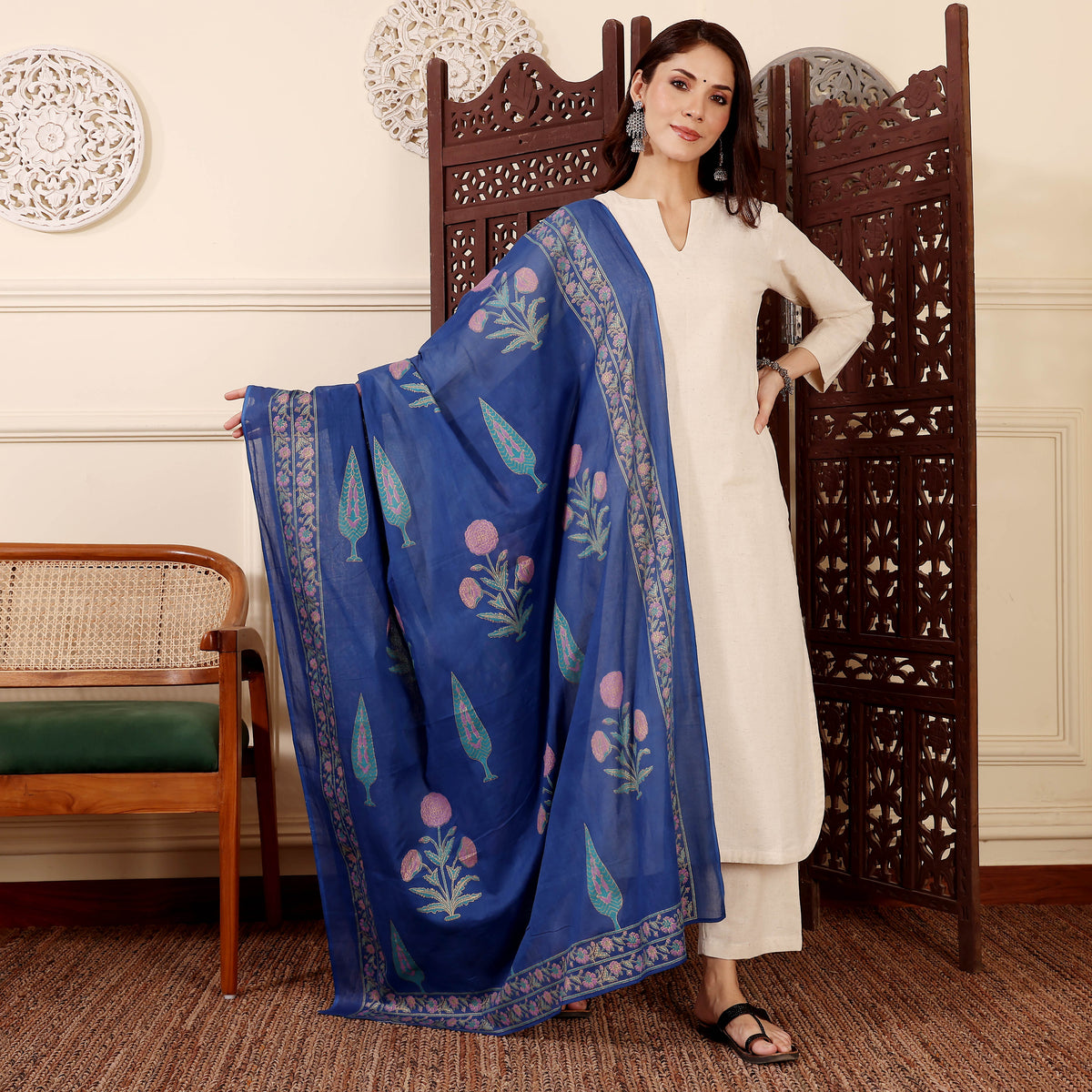 Elegant Cream Straight Kurta with Blue Floral Embroidered Dupatta | Ethnic Wear Set