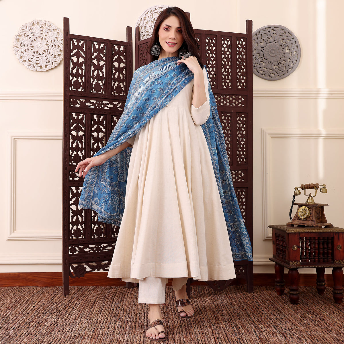 Women’s Cream Anarkali Kurta Pant Set with Blue Printed Dupatta | Elegant Ethnic 3 Piece Suit Setzx