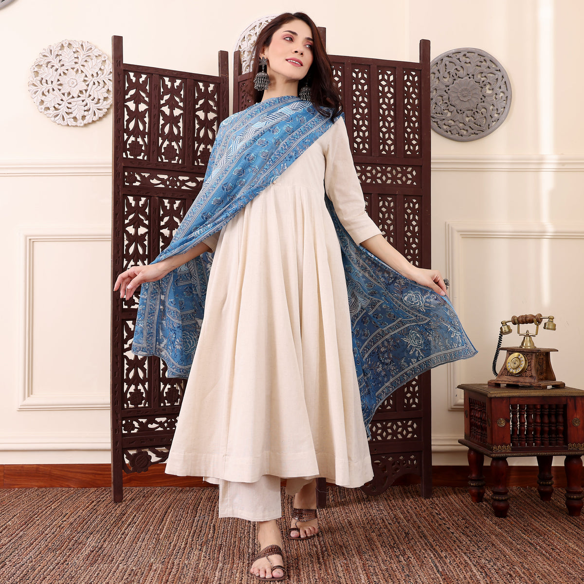 Women’s Cream Anarkali Kurta Pant Set with Blue Printed Dupatta | Elegant Ethnic 3 Piece Suit Setzx