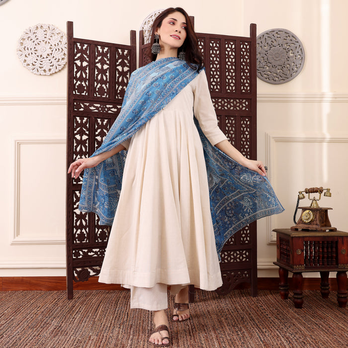 Women’s Cream Anarkali Kurta Pant Set with Blue Printed Dupatta | Elegant Ethnic 3 Piece Suit Setzx