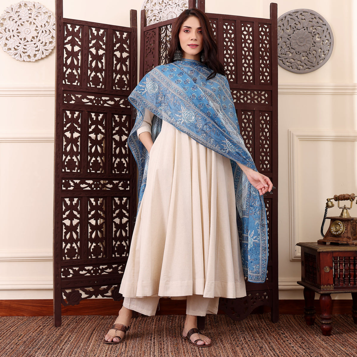 Women’s Cream Anarkali Kurta Pant Set with Blue Printed Dupatta | Elegant Ethnic 3 Piece Suit Setzx