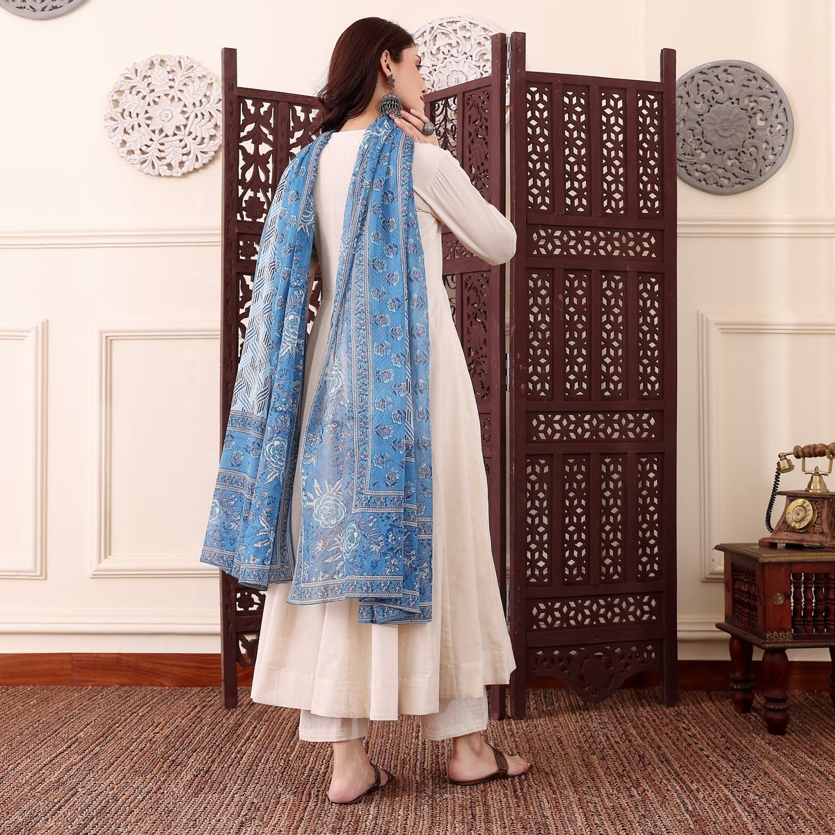 Women’s Cream Anarkali Kurta Pant Set with Blue Printed Dupatta | Elegant Ethnic 3 Piece Suit Setzx